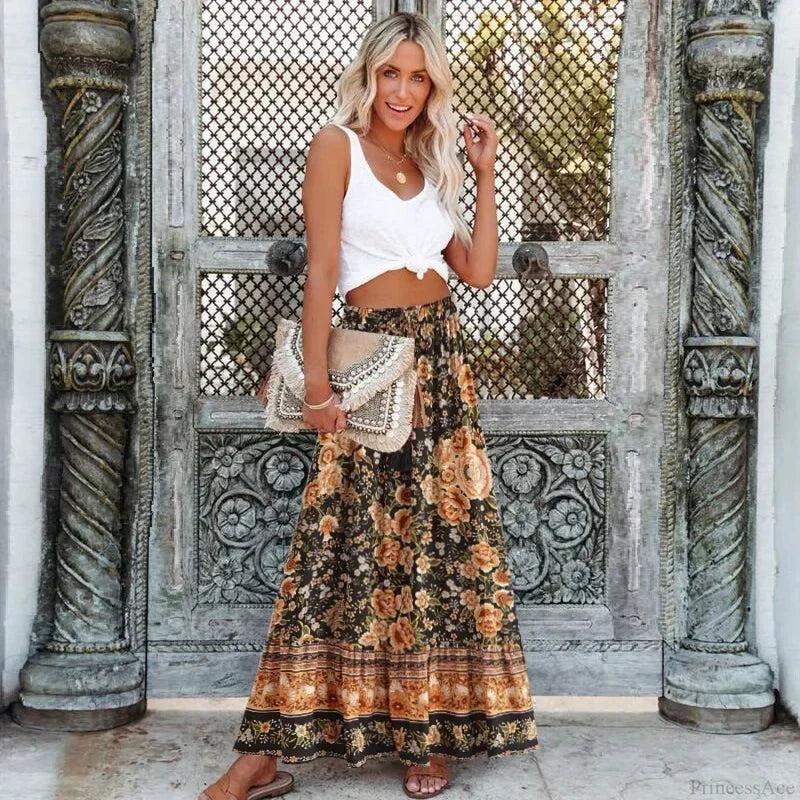 Black Floral Print Pleated Bohemian Skirt Elastic Waist A-Line Rayon Maxi Black / S skirt-250126