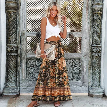 Black Floral Print Pleated Bohemian Skirt Elastic Waist A-Line Rayon Maxi Black / S skirt-250126