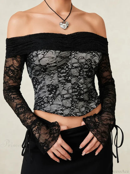 Black Lace Floral Sheer Off-shoulder Slim Corset Top croptop-250126