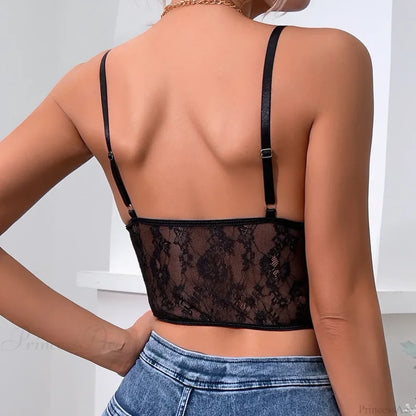Black Lace Pleated Sheer Fishbone Spaghetti Top croptop-250126