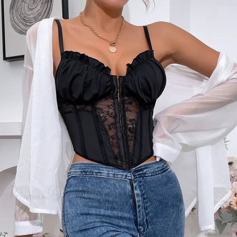 Black Lace Pleated Sheer Fishbone Spaghetti Top croptop-250126