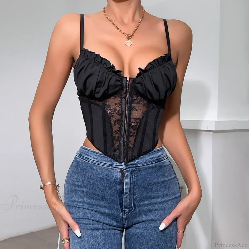 Black Lace Pleated Sheer Fishbone Spaghetti Top croptop-250126