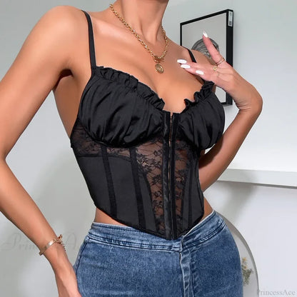 Black Lace Pleated Sheer Fishbone Spaghetti Top croptop-250126