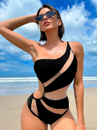 Black Mesh One Shoulder High Cut Monokini One Piece onepiece-250223