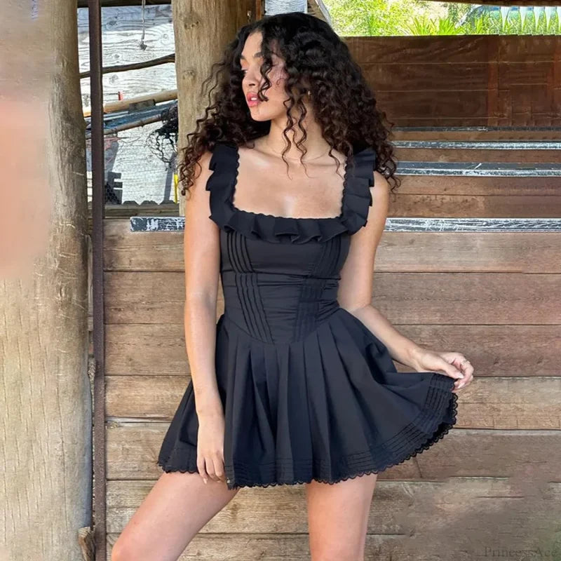 Black Ruffles A-line Vacation Dress vacationdress-250223