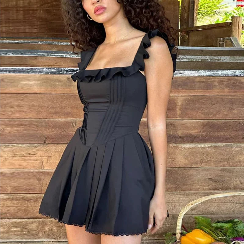 Black Ruffles A-line Vacation Dress vacationdress-250223