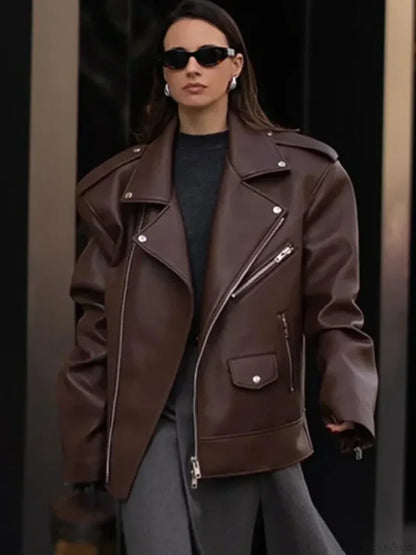 Black Zippers Oversized Leather Coat