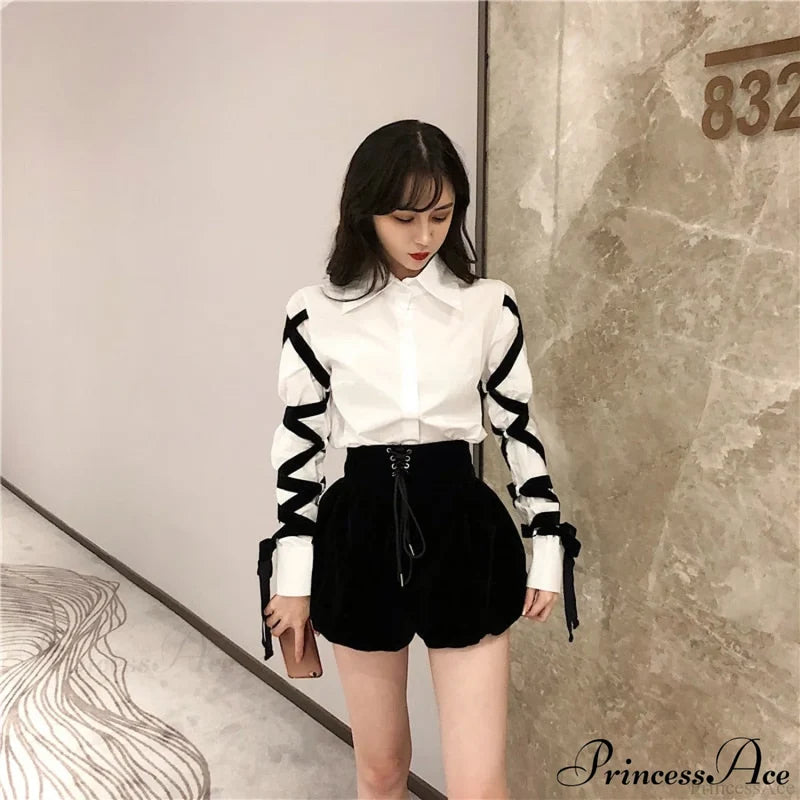 Blous Top Womens Spring Long Ribbons Arm Casual Black Stitching Office Blouse Lady