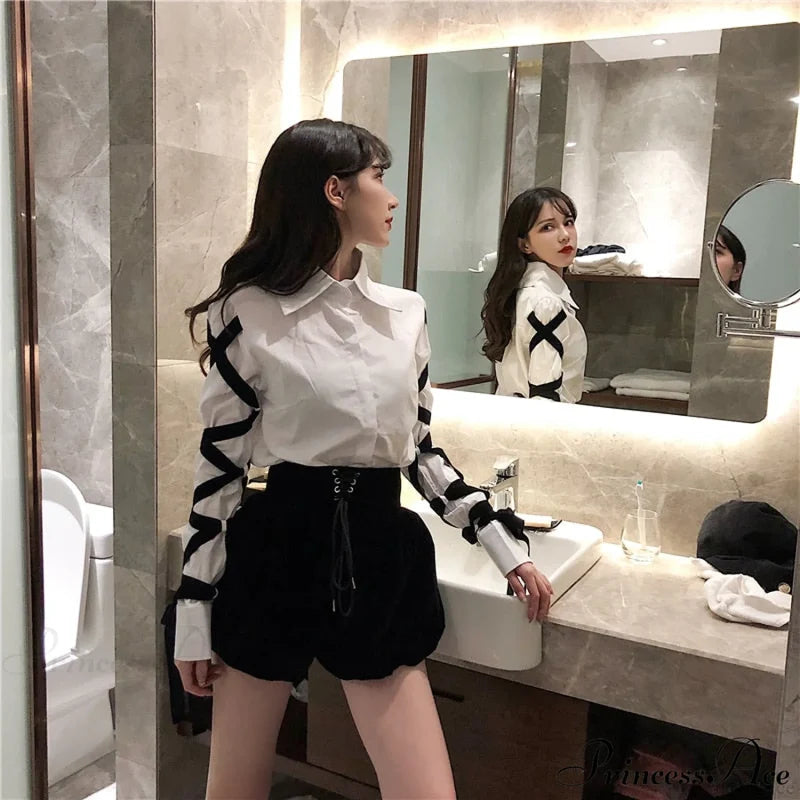 Blous Top Womens Spring Long Ribbons Arm Casual Black Stitching Office Blouse Lady
