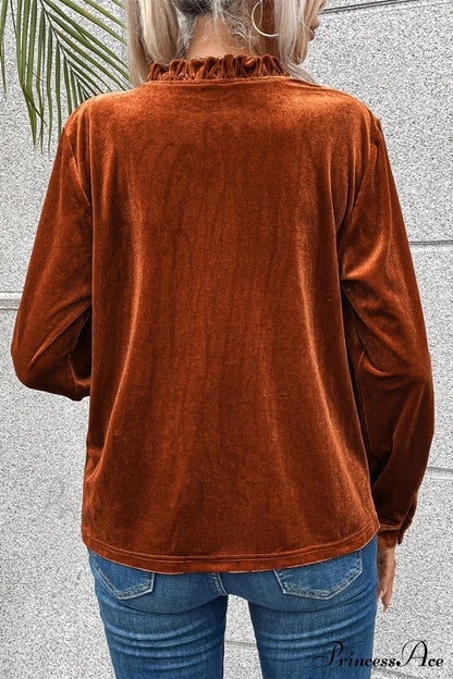 Blouse Frilled Flame Gold Velvet With Collar Tops