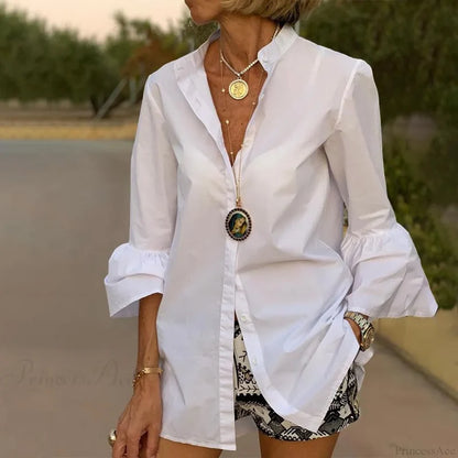 Blouse Office Arm - V Button Women’s Flare Up White Neck White / S