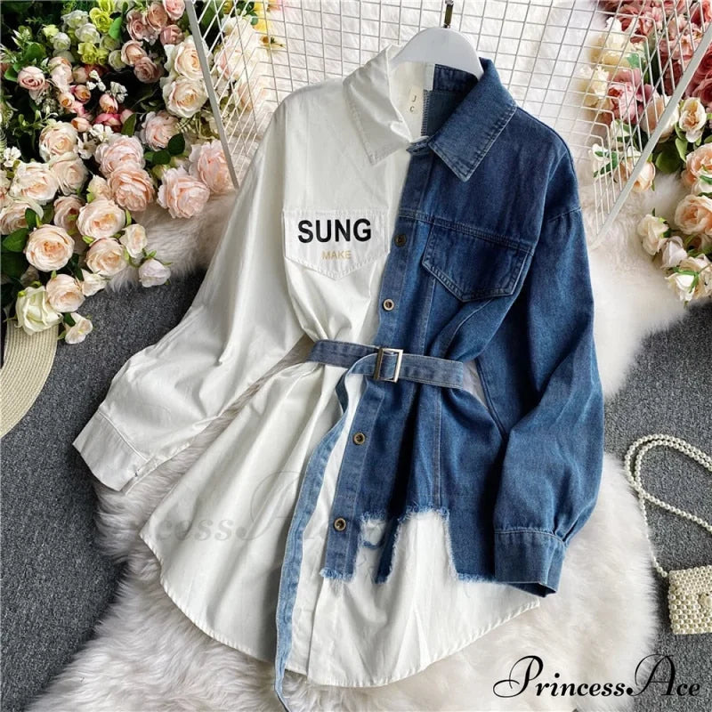 Blouse Patchwork - Plaid Jeans Long Women’s With Autumn Arm Elegant Design Slim Dress