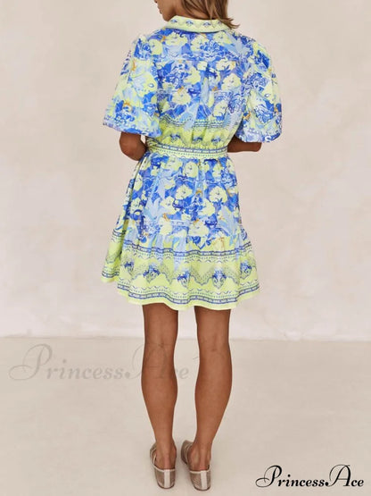 Blue And Yellow Charming Floral Print Mini Dress Dresses