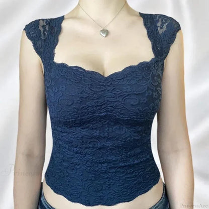 Blue Floral Lace Milkmaid Y2K Crop Top croptop-250126