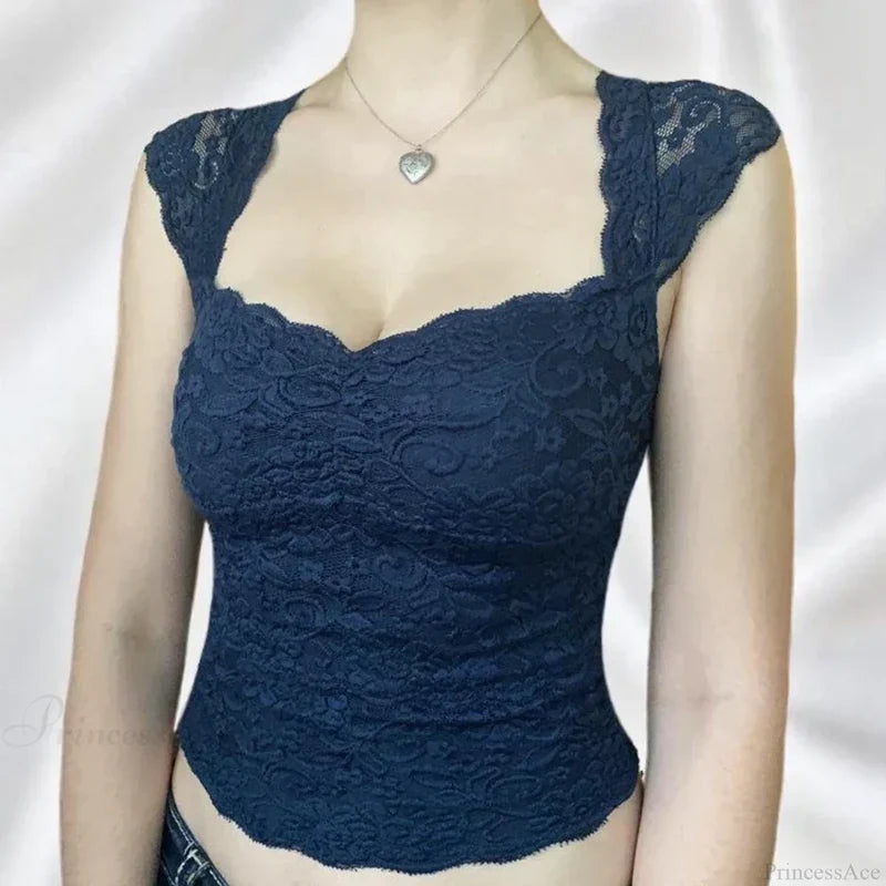 Blue Floral Lace Milkmaid Y2K Crop Top croptop-250126