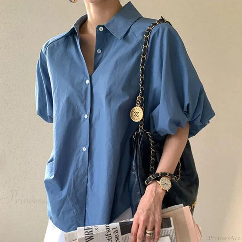 Blue Puff Sleeve Casual Loose Summer Shirt blouse-250126