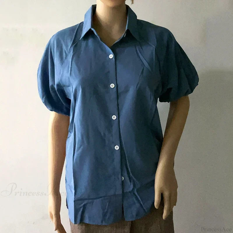 Blue Puff Sleeve Casual Loose Summer Shirt blouse-250126