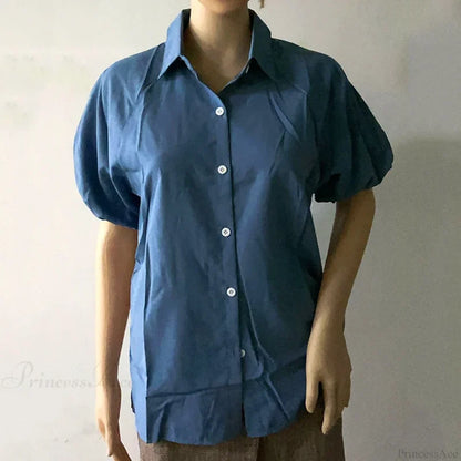Blue Puff Sleeve Casual Loose Summer Shirt blouse-250126