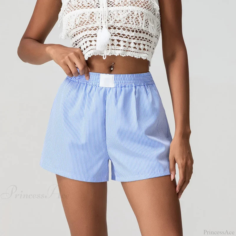 Blue Striped Loose Wide Leg Short Blue / S short-250223