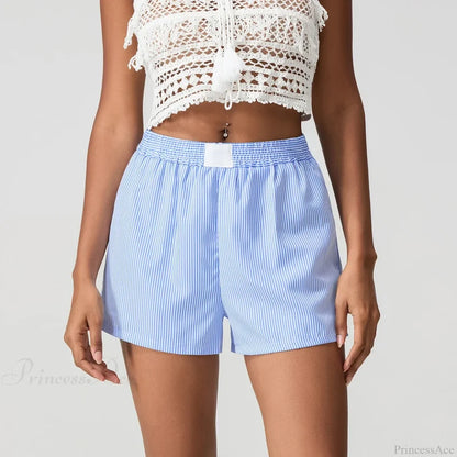 Blue Striped Loose Wide Leg Short short-250223