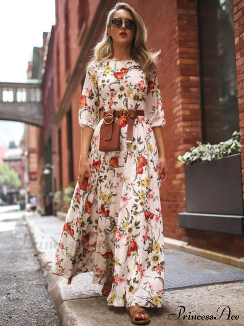 Bohemia Maxi Dress With Floral Round Neck And Half Sleeves S / White Dresses