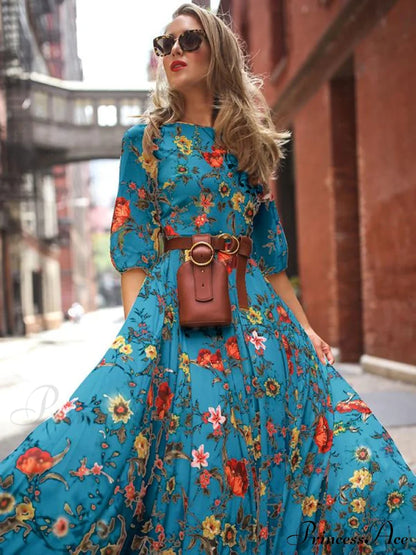 Bohemia Maxi Dress With Floral Round Neck And Half Sleeves S / Blue Dresses