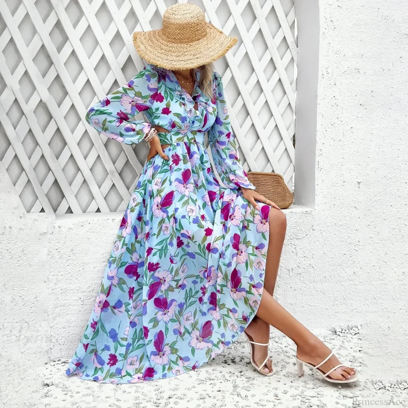 Boho Beach Deep V Neck Maxi Dress Blue / S bohodress-250126