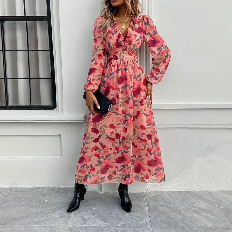 Boho Beach Deep V Neck Maxi Dress Pink / S bohodress-250126