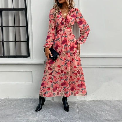 Boho Beach Deep V Neck Maxi Dress Pink / S bohodress-250126