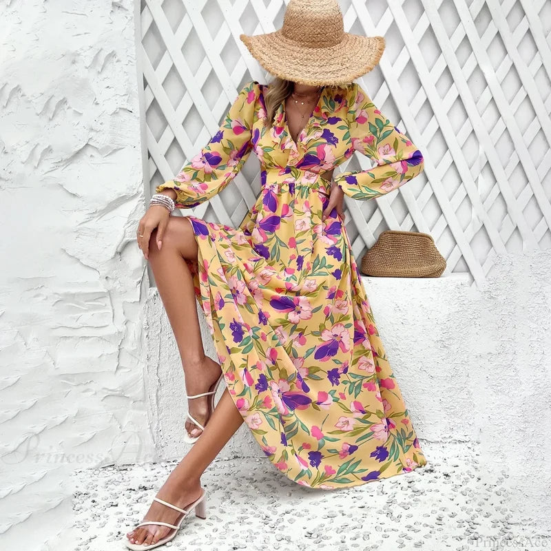 Boho Beach Deep V Neck Maxi Dress Yellow / S bohodress-250126