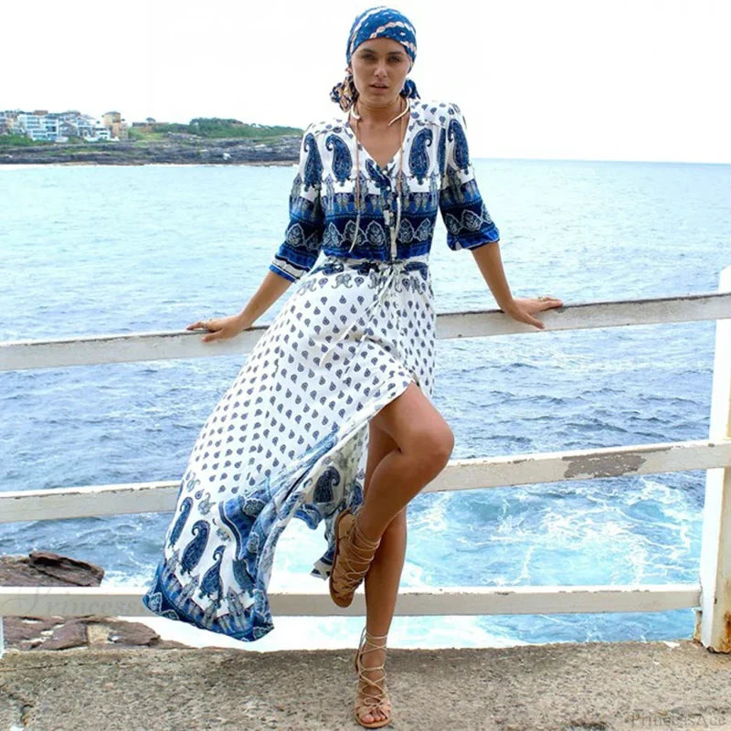 Boho Blue Floral Print V-neck Drawstring Waist Summer Dress Blue / S bohodress-250126