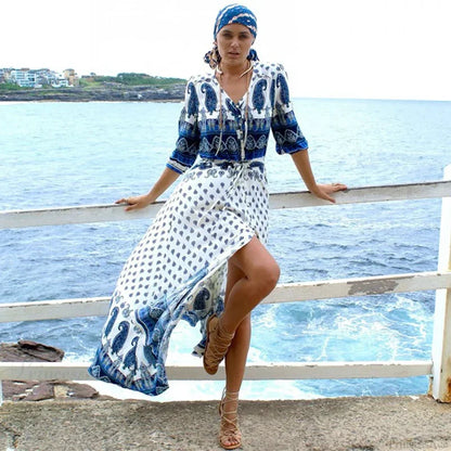 Boho Blue Floral Print V-neck Drawstring Waist Summer Dress Blue / S bohodress-250126