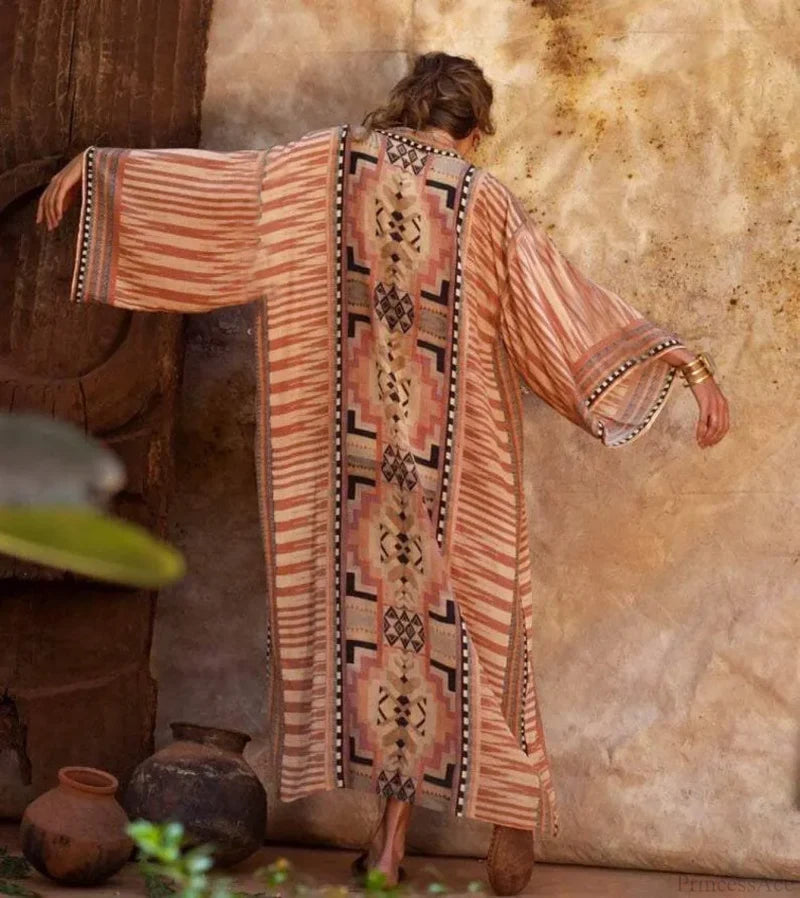 Boho Kimono Rayon Print Bikini Cover Up Loose Summer Dress Pink / One Size bohocoverup-250126
