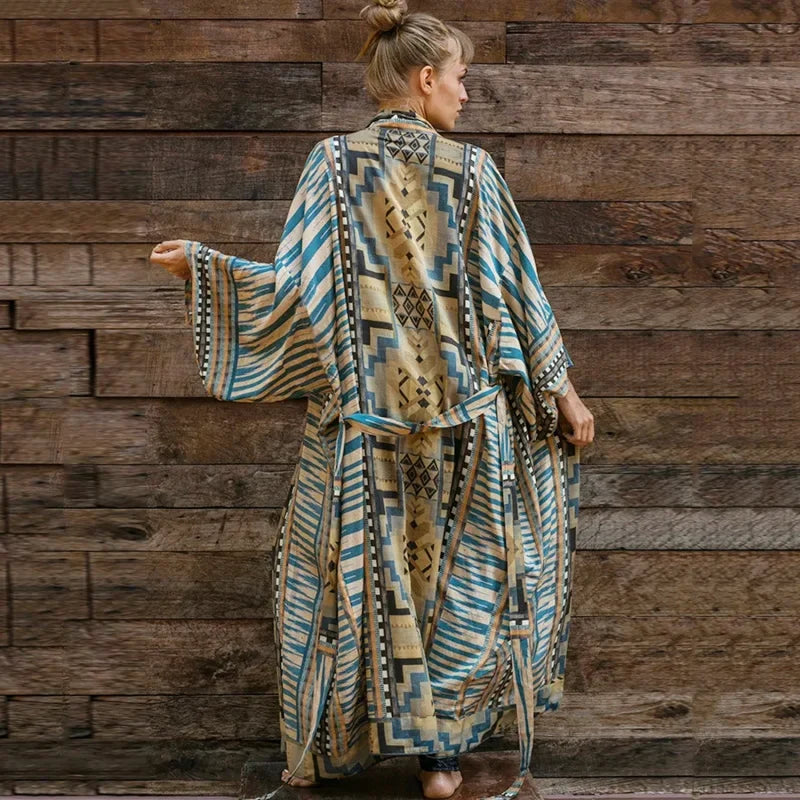 Boho Kimono Rayon Print Bikini Cover Up Loose Summer Dress Blue / One Size bohocoverup-250126