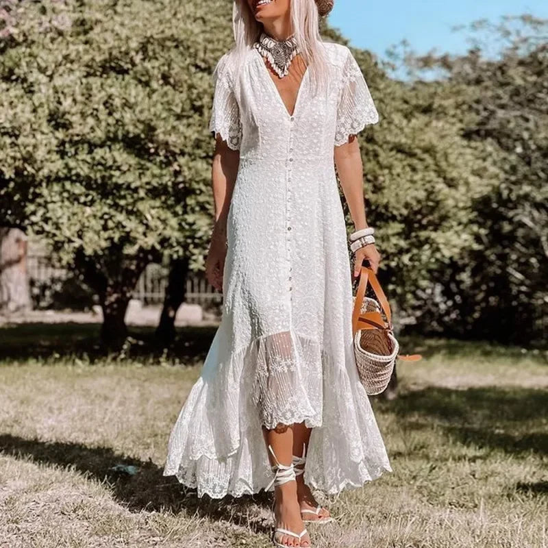 Boho Loose Summer Dress Vintage Deep V Floral Print bohodress-250126
