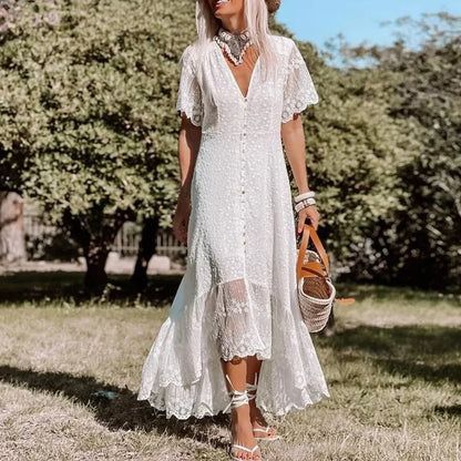 Boho Loose Summer Dress Vintage Deep V Floral Print bohodress-250126