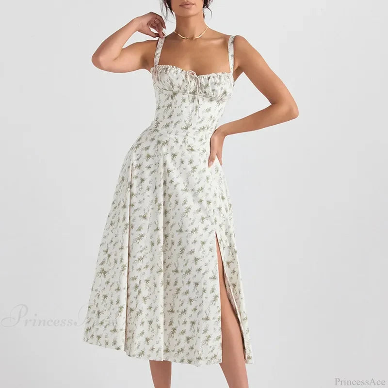 Boho Spaghetti Straps Tie Front Floral Dress Green Floral / S
