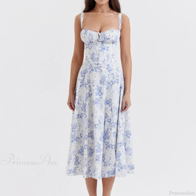 Boho Spaghetti Straps Tie Front Floral Dress Blue Floral / S