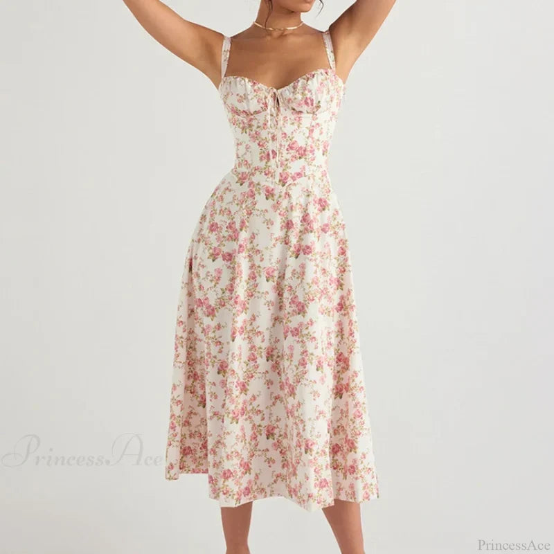 Boho Spaghetti Straps Tie Front Floral Dress Red Floral / S