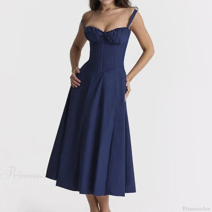 Boho Spaghetti Straps Tie Front Floral Dress Navy blue / S