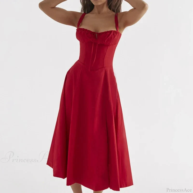 Boho Spaghetti Straps Tie Front Floral Dress Red / S