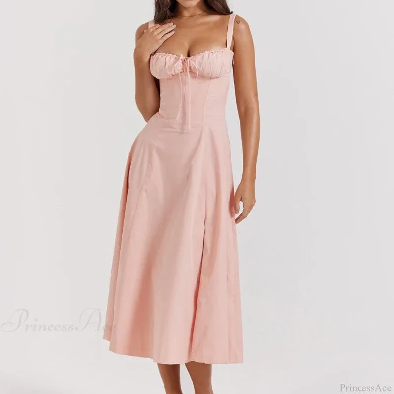 Boho Spaghetti Straps Tie Front Floral Dress Pink / S