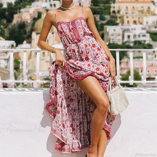 Boho Strap Dresses Gypsy Sleeveless Rayon Floral Print Maxi Dress RED / S bohodress-250126