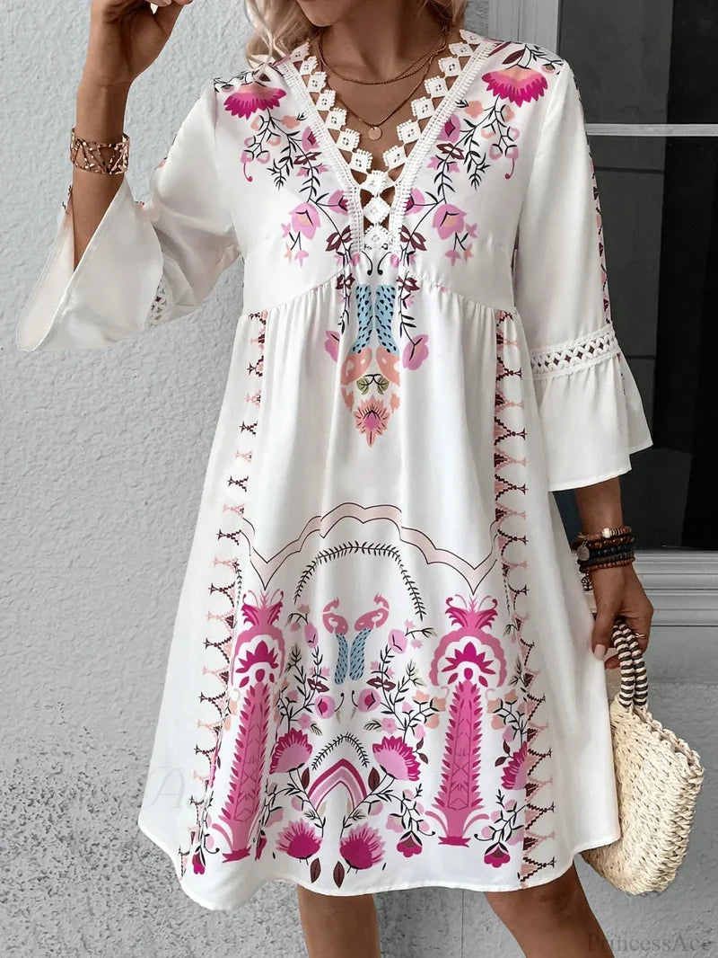 Boho V-neck Floral Party Dress Rose Red / S oldfloraldress-250126