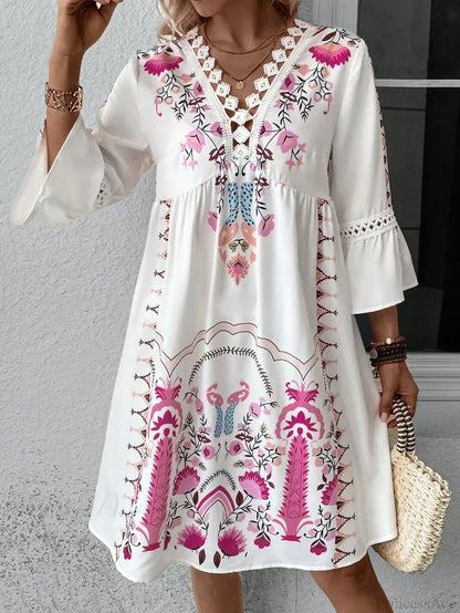 Boho V-neck Floral Party Dress Rose Red / S oldfloraldress-250126