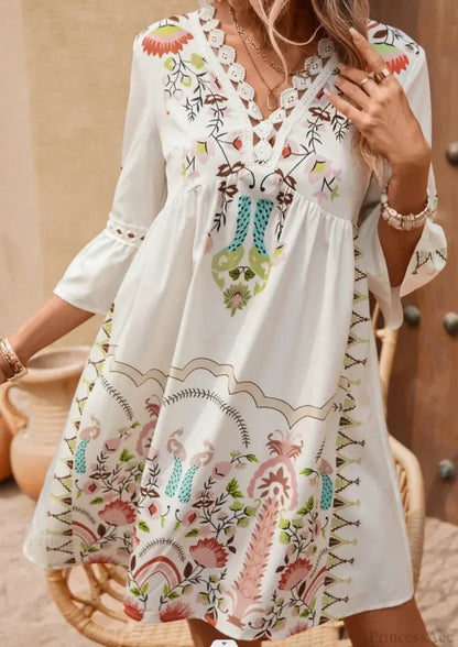 Boho V-neck Floral Party Dress Champagne / S oldfloraldress-250126