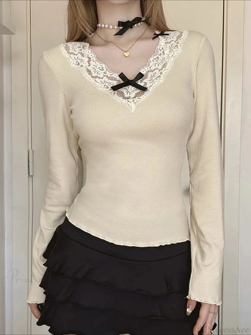 Bow Patchwork Lace Trim Halter V-Neck Long Sleeve Knit Top Khaki / S knittop-250126
