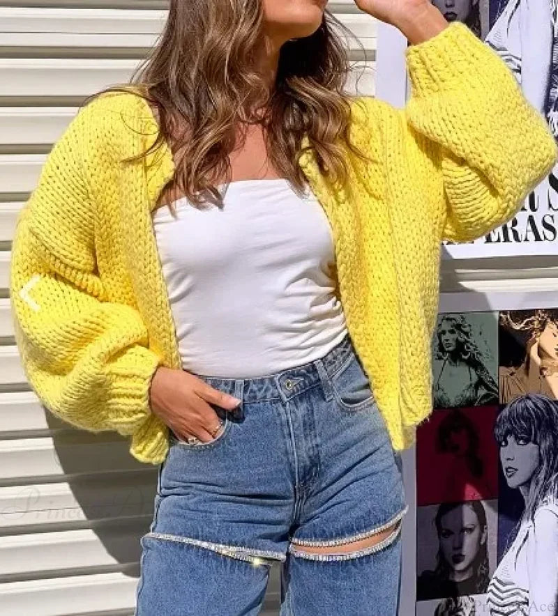 Bow Tie Front V-neck Cardigan yelow / S