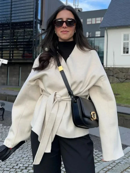 Bow Tie Lace-Up V-Neck Belted Overcoat white / S