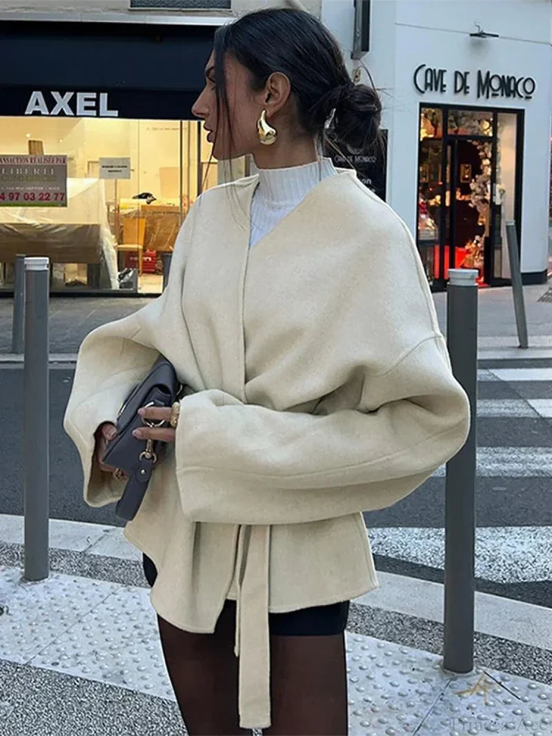 Bow Tie Lace-Up V-Neck Belted Overcoat